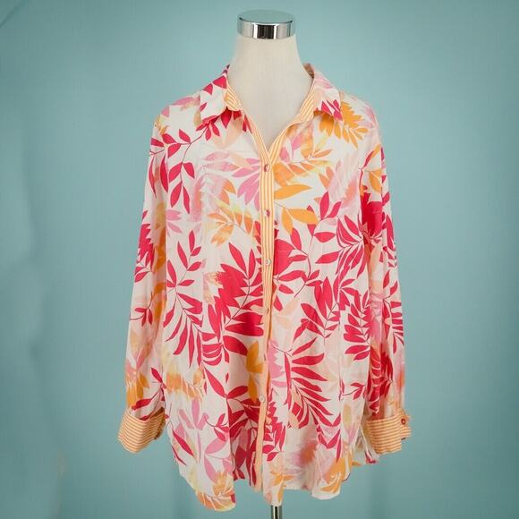 Foxcroft Size 18 Zoey Tropical Leaves Leaf Stripe Pink Collared Button Top - Picture 1 of 6